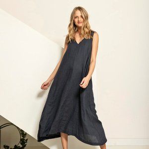 Flowy linen blue grey maxi dress with handkerchief asymmetrical hem